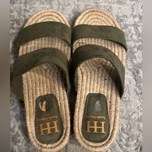 Haute Hippie Green and Tan Slide Sandals